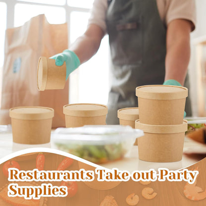 Sabary 50 Pack 12oz Paper Soup Containers with Lid Disposable Kraft Soup Food Bowl Microwavable Food Storage Ice Cream Containers Nice for Restaurants (Brown)