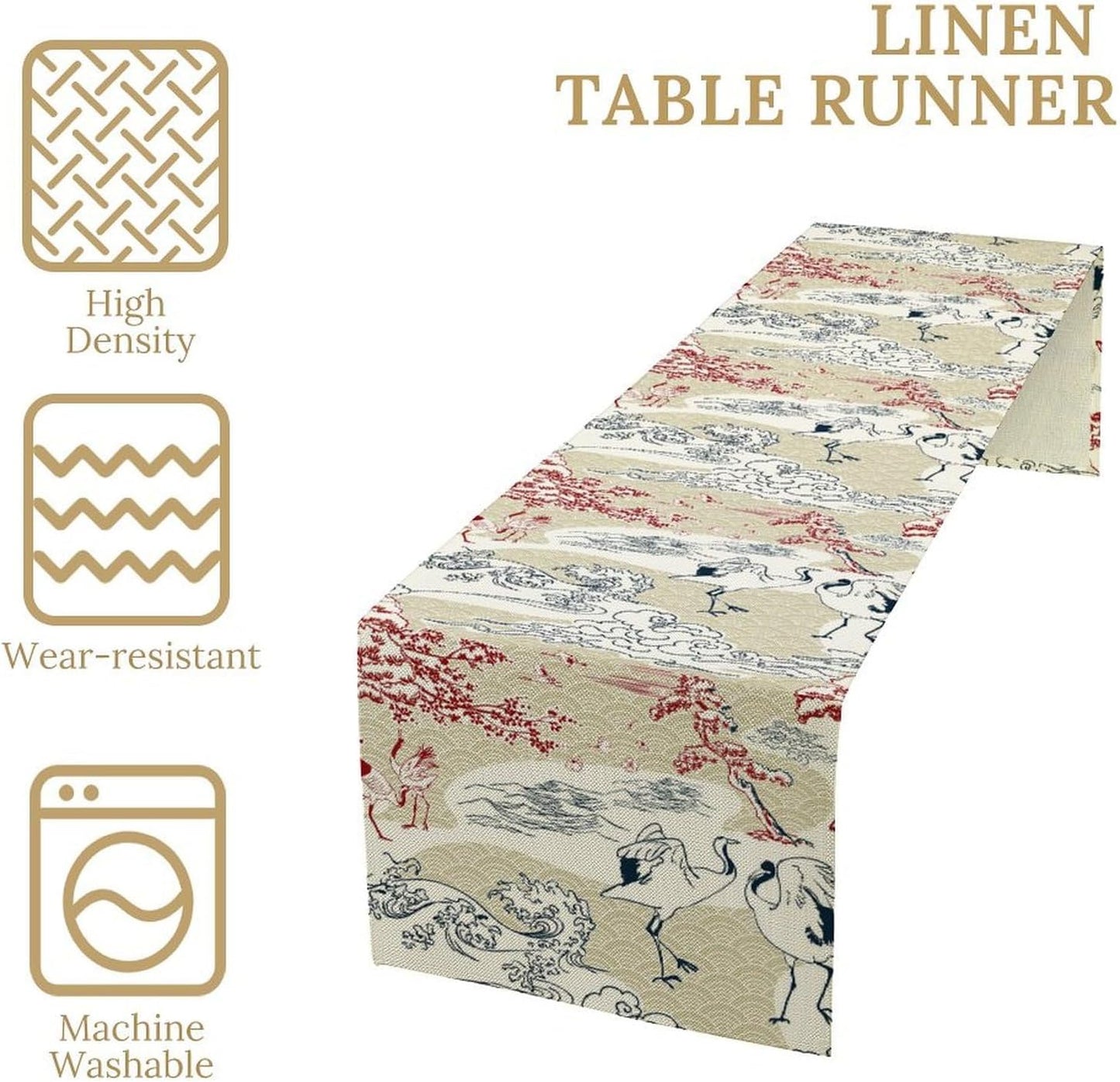 Japanese Crane Table Runner Chinoiserie Vintage Asian Landscape Mountain for Wedding Party Holiday Kitchen Dining Home Party, 13x90 Inch