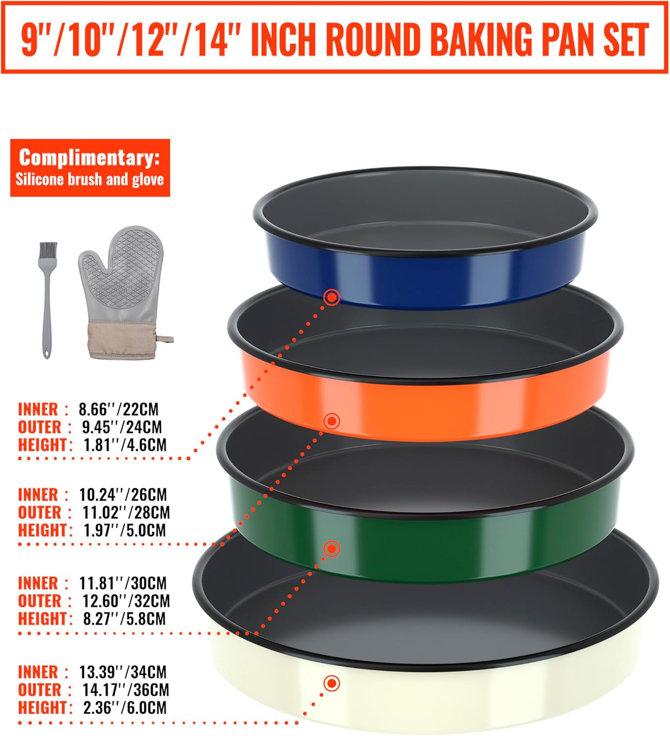 Round Baking Pan Set Roasting Dish 4-Pack 9/10/12/14 Inch Enamel Non Stick Large Cookware for Cake Bread Pie Pizza Turkey Steak, Non-Toxic Oven Dishwasher Safe, Christmas Gift Bakeware