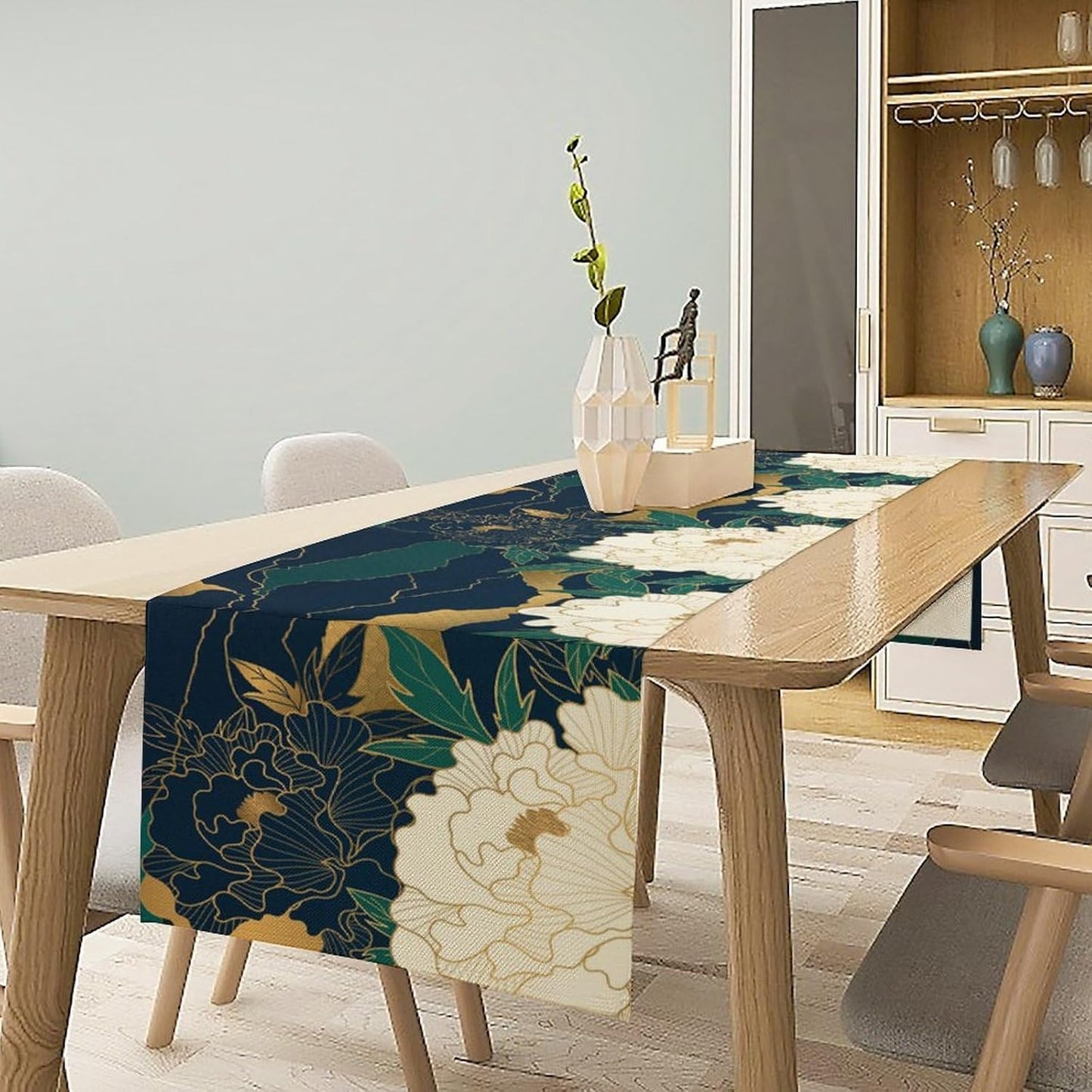 Chinese Landscape Dinning Table Runner, Spring Line Floral Navy Green Peak Asian Style Table Runner for Kitchen Study Living Room Home Bedroom, Gray 13x60 Inch