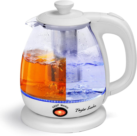 Taylor Swoden Electric Kettle with Tea Infuser, 1L Small Electric Tea Kettle with Keep Warm, LED Light Hot Water Boiler & Heater for Coffee & Tea, Auto Shut-Off & Boil Dry Protection, BPA Free, White