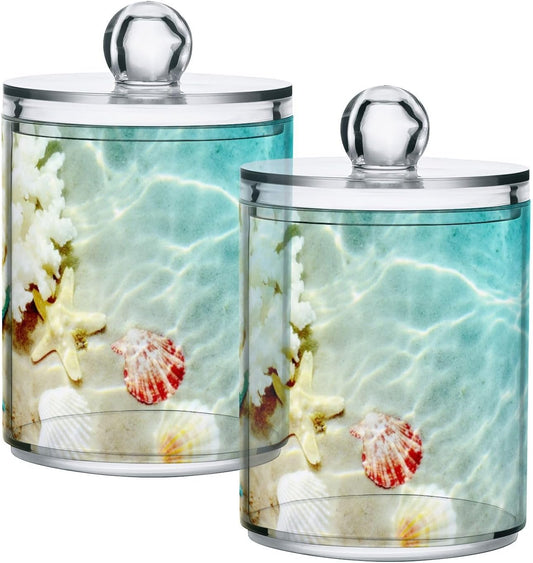xigua Starfish Seashell Beach Qtip Holder with Lid,2Pack Clear Plastic Apothecary Jars Bathroom Storage Containers for Cotton Swab,Cotton Ball,Floss Picks,Tea,Coffee