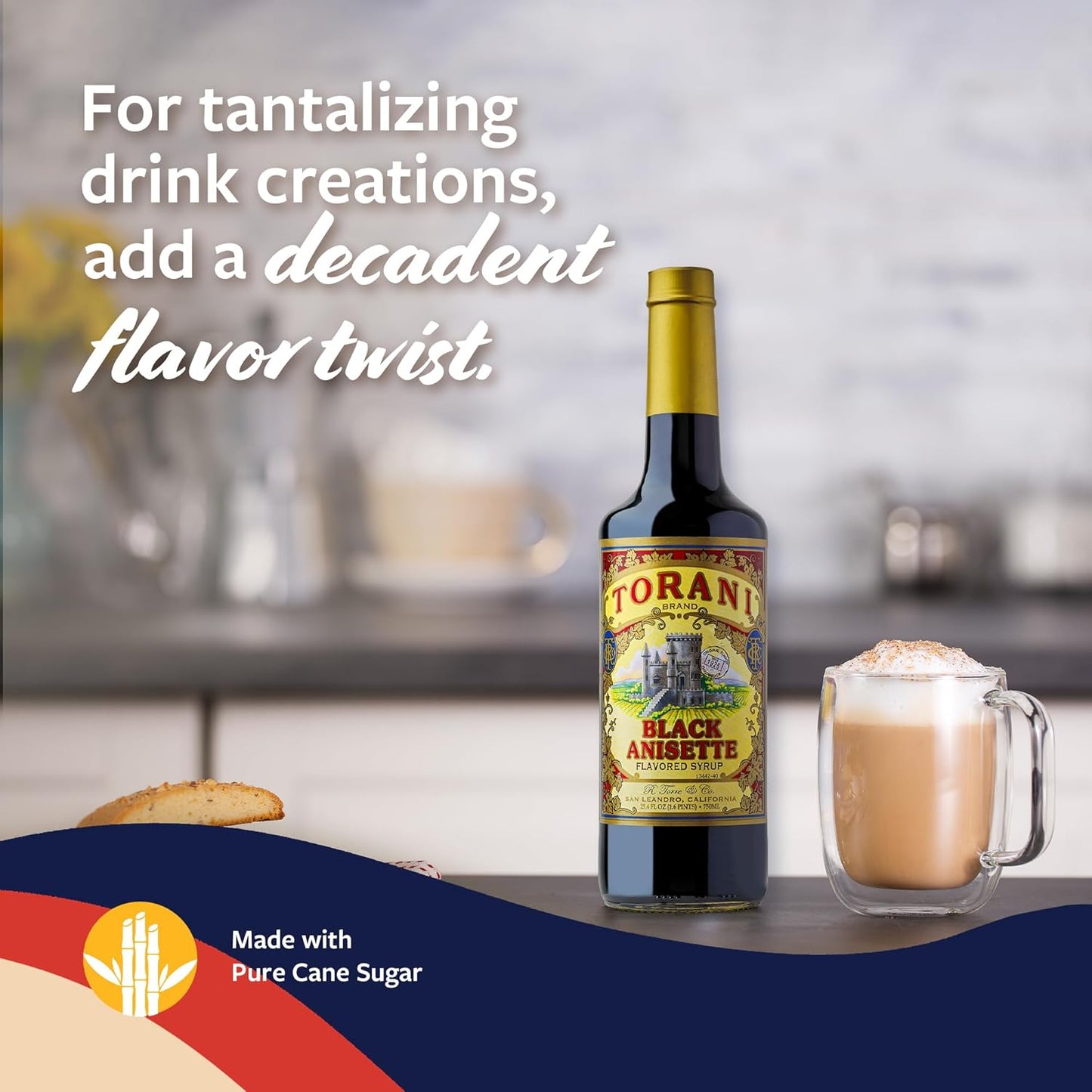 Torani Black Anisette Syrup, 100th Anniversary Flavor for Drinks, Glass Bottle with Pump Included, 25.4 Fl Oz