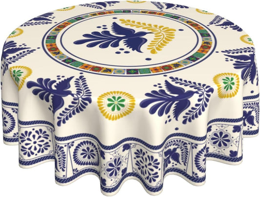 Mexican Round Tablecloth, Floral Bird Talavera Ceramic Tile Dia De Los Muertos Azulejo Mosaic Water Resisitant Table Cover for Dining Kitchen Living Room Home Party Holiday Decor 36 inch Round