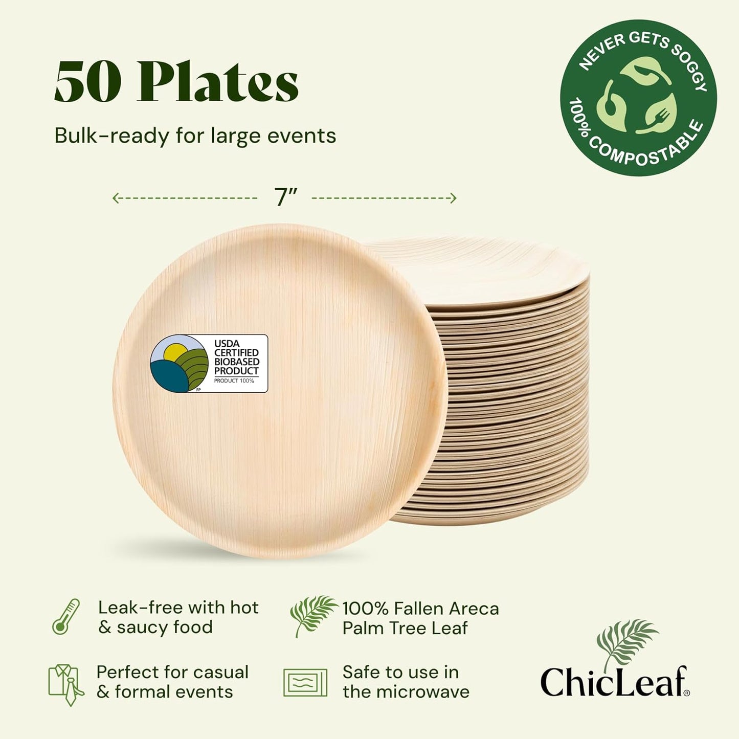 Chic Leaf Palm Leaf Disposable Bamboo Plates - Palm Leaf Plates for Weddings & Event Appetizers - Biodegradable & Compostable - Christmas Meal Turkey Holiday Dinner, Party Supplies (7", 50 Pack)