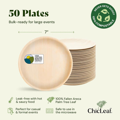 Chic Leaf Palm Leaf Disposable Bamboo Plates - Palm Leaf Plates for Weddings & Event Appetizers - Biodegradable & Compostable - Christmas Meal Turkey Holiday Dinner, Party Supplies (7", 50 Pack)