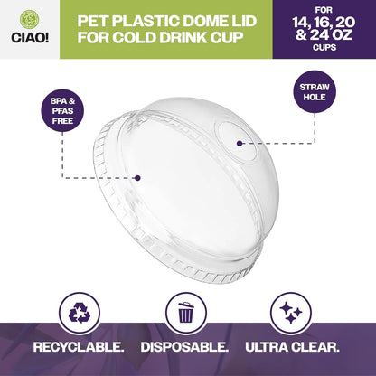 CIAO! PET Dome Lid with Straw Slot, Designed and Fit for 14OZ/16OZ/20OZ/24OZ PET Cold Drink Cups, 98mm (Case of 1,000)