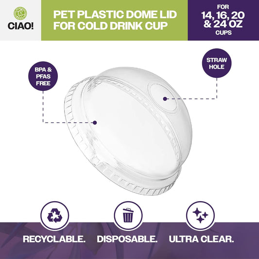 CIAO! PET Dome Lid with Straw Slot, Designed and Fit for 14OZ/16OZ/20OZ/24OZ PET Cold Drink Cups, 98mm (Case of 1,000)
