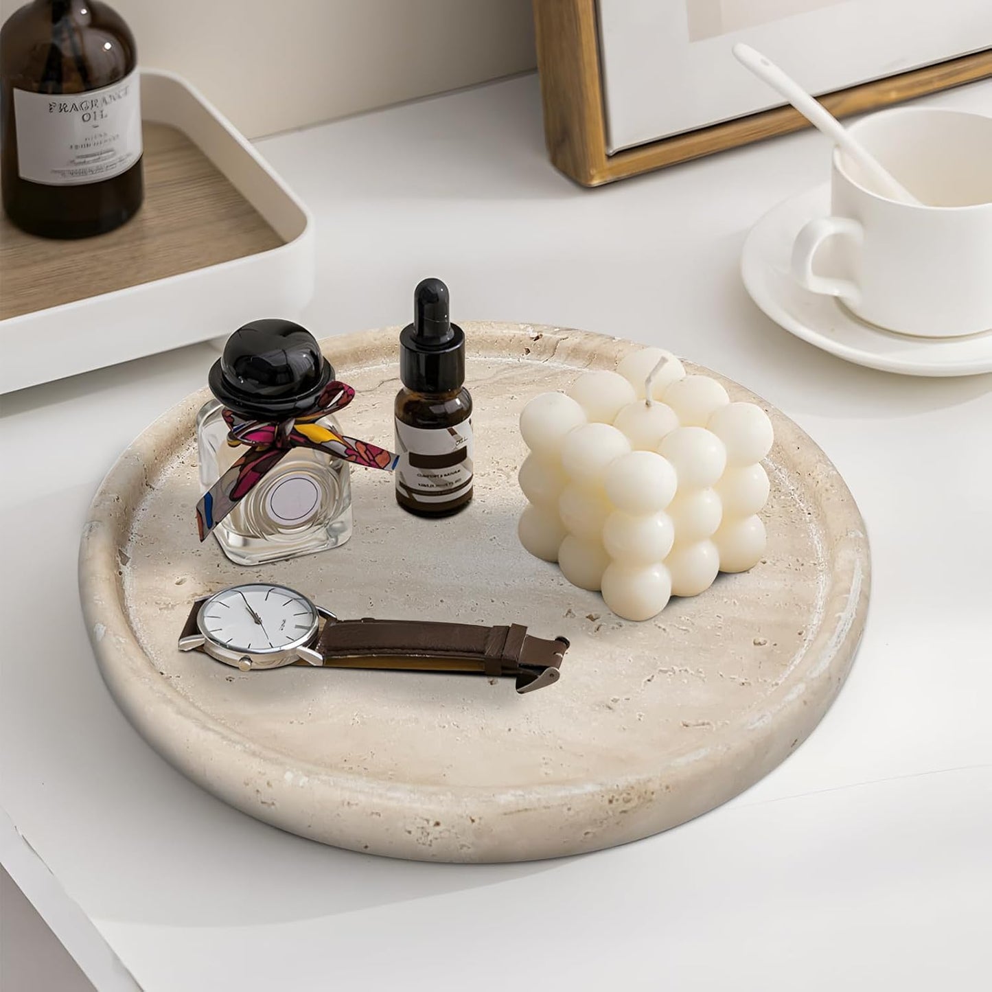 Travertine Tray, Small Ceramic Vanity Tray for Bathroom Counter Decor, Round Marble Decorative Trays for Coffee Table (Beige, Large Size)