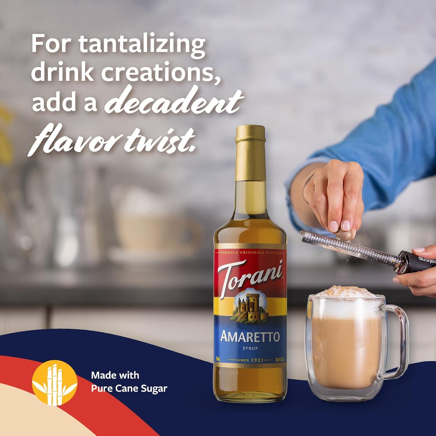 Torani Coffee Syrup, Amaretto Flavoring for Drinks, Glass Bottle with Pump Included, 25.4 Fl Oz