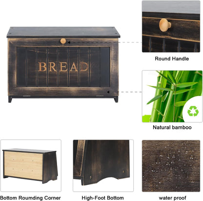 HOMEKOKO Large Wood Bread Box for Kitchen Counter, Retro Design Single Layer Bamboo Large Capacity Food Storage Bin (Vintage Black)
