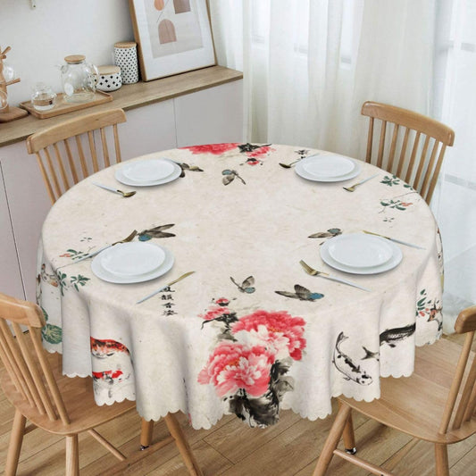 Chinese Tablecloth, Traditoanl Landscape Floral Oriental Koi Vintage Ink Painting Japanese Water Resisitant Table Cover for Dining Kitchen Living Room Home Party Holiday Decor 60 inch Round