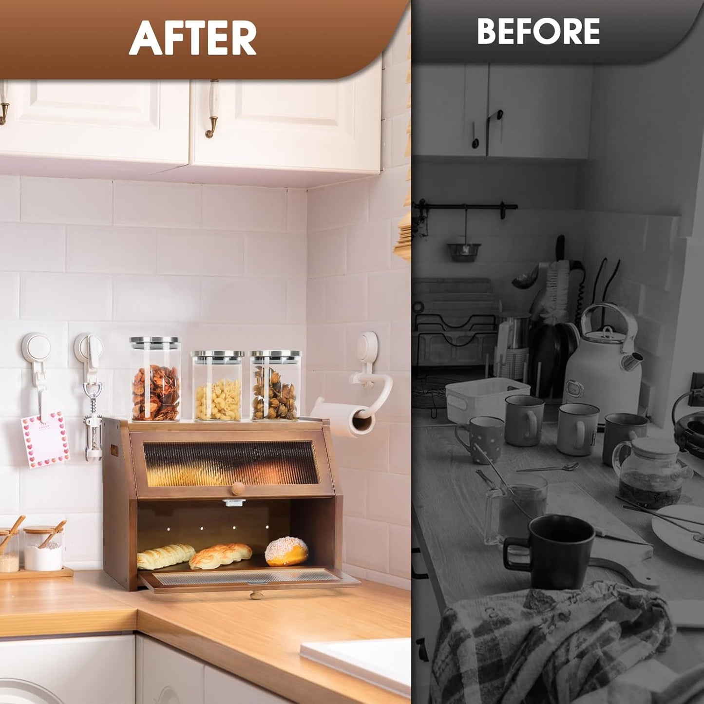 Large Bread Box for Kitchen Countertop, Wooden Bread Bin with Double Layer Storage and 0.6-inch Thick Natural Wood Panels, Rustic Bread Box Organizer for Kitchen (Retro Brown)