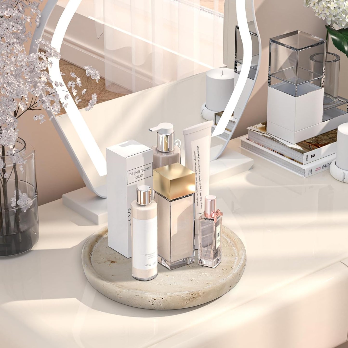 Travertine Tray, Small Ceramic Vanity Tray for Bathroom Counter Decor, Round Marble Decorative Trays for Coffee Table (Beige, Large Size)