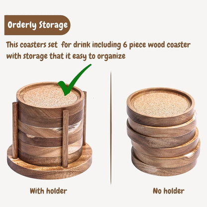 Wood Coasters for Drinks with Wooden Holder, Wooden Coaster with Cork for Tabletop Protection, Drink Coasters for Coffee Table, Desk, 4.13 Inch, Set of 6 (Rustic Coasters with Wooden Holder)