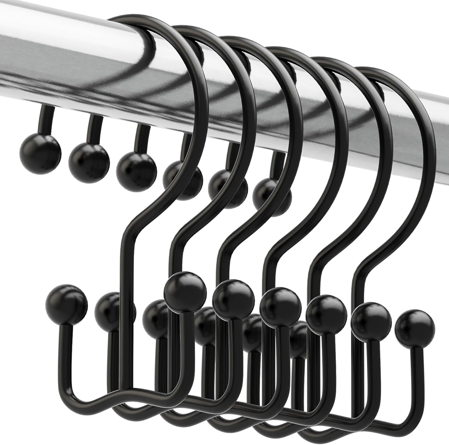 Titanker Shower Curtain Hooks Black, Minimalist Simple Double Glide Shower Curtain Rings, Rust Proof Metal Shower Hooks Rings for Bathroom Shower Rods Curtains, Set of 12 Hooks