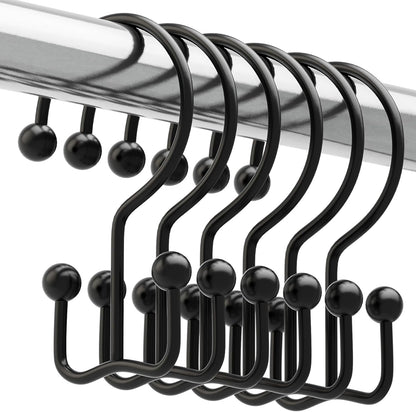 Titanker Shower Curtain Hooks Black, Minimalist Simple Double Glide Shower Curtain Rings, Rust Proof Metal Shower Hooks Rings for Bathroom Shower Rods Curtains, Set of 12 Hooks