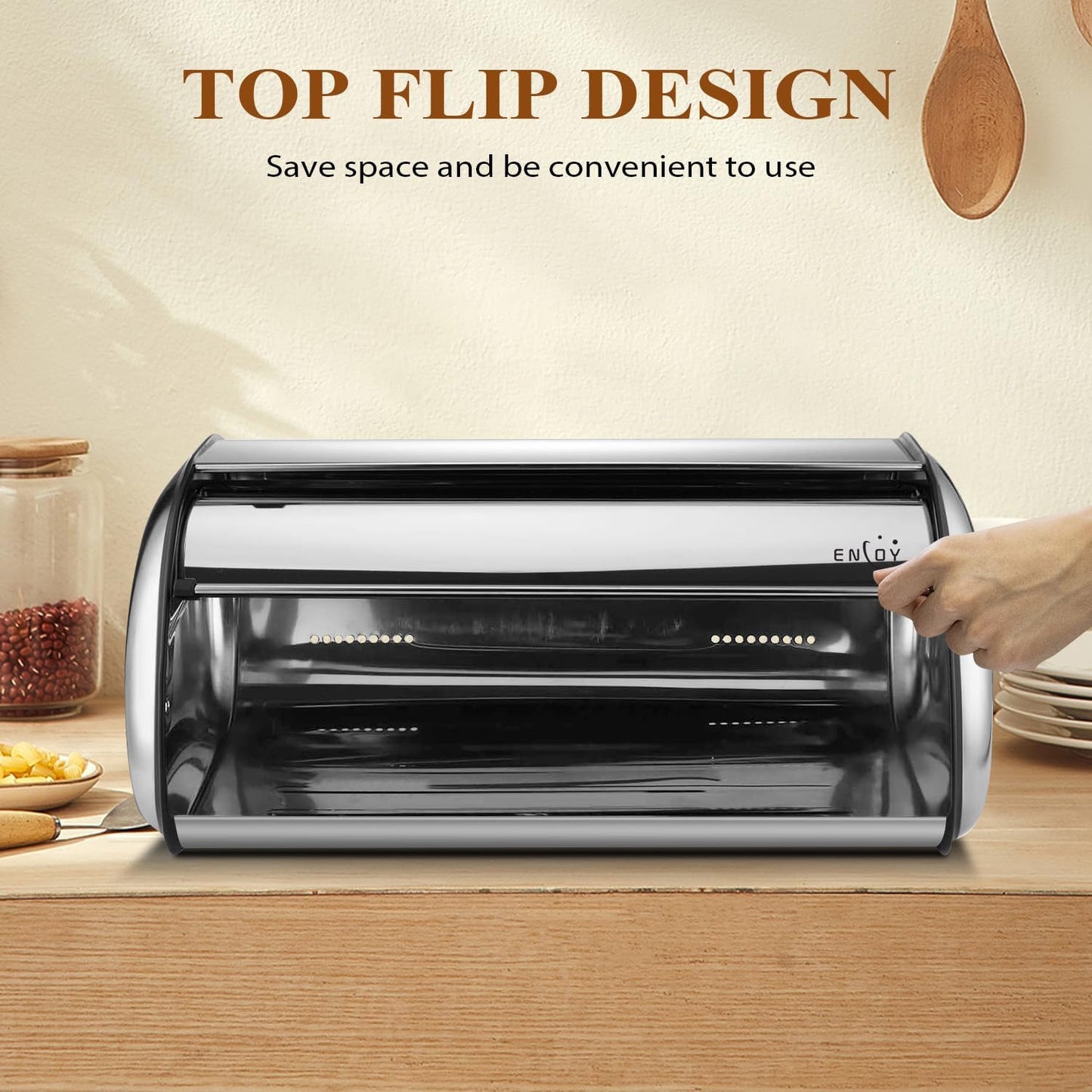 ENLOY Bread Box for Kitchen Counter, Stainless Steel Roll Top Bread Bin, Sliver Bread Storage Holder with Lid, Large Capacity Bread Keeper, 17 x 11 x 7 Inches