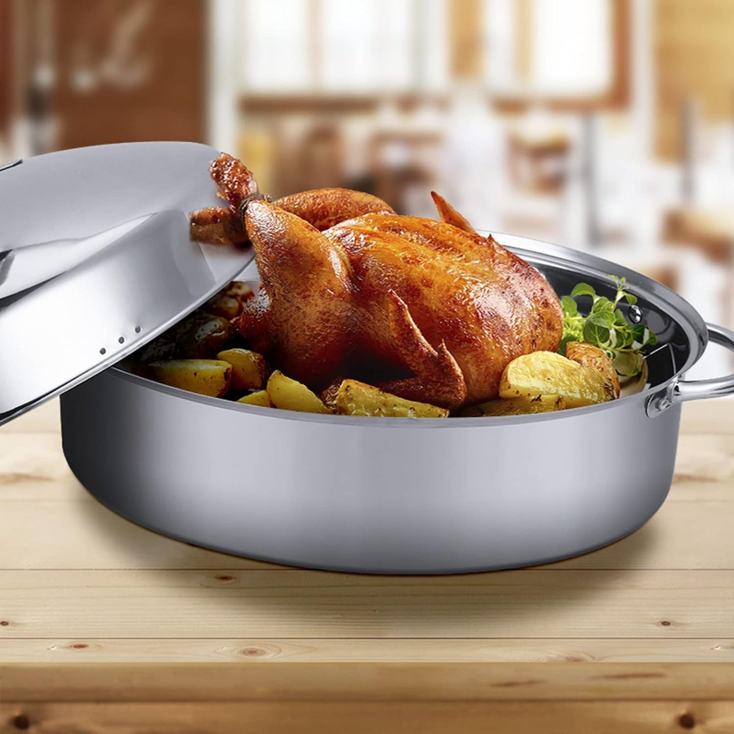 Stainless Steel Oval Roaster Pan, Serving Platter Cookie Trays Dish, Dishwasher & Oven use, Covered Turkey Roasting Pan for Cooking Chicken, Fish, Lasagna