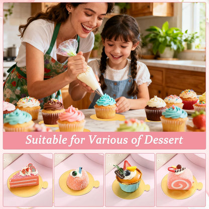 Jollidecor 220 PCS Mini Gold Cake Boards 3.5 inch & 3.15 inch Round Cake Base Mini Flan Tray Disposable Paper Plates for Cupcake, Dessert, Mousse Cake, Flan, Cheesecake
