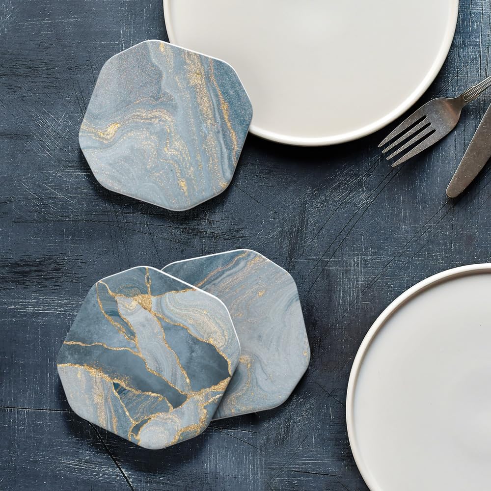 UMIRRO Ceramic Stone Coasters for Drinks Absorbent with Holder for Wooden Coffee Table, Stoneware Cup Coasters for Iced Cold or Hot Drinks, Navy Blue Marble Style, Gold, 4" Set of 6
