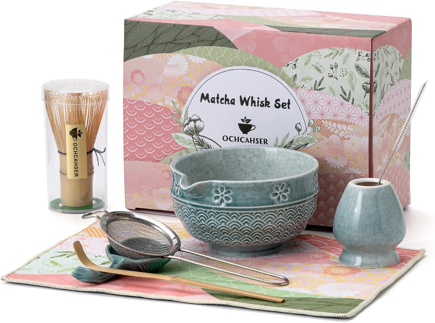 Matcha Tea Set, 8 Pcs Japanese Matcha Kit with Cherry Blossom and Wave Design Ceramic Bowl, Bamboo Whisk, Whisk Holder, Scoop, Sifter, Brush, Matcha Kit Set for Matcha Lovers (Blue)