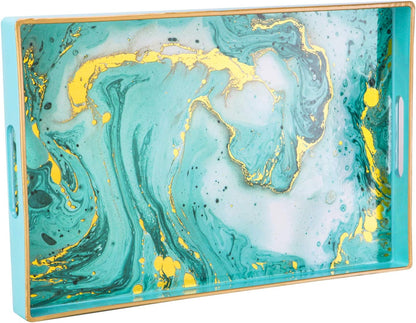Zosenley Decorative Tray, Marbling Plastic Tray with Handles, Rectangular Vanity Tray and Serving Tray for Bathroom, Kitchen, Ottoman and Coffee Table, 15.6" x 10.2" (Golden Blue)