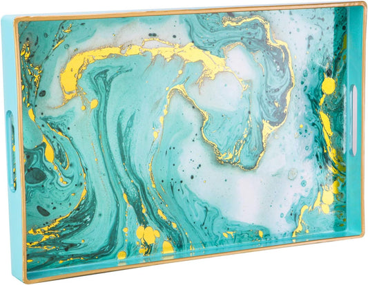 Zosenley Decorative Tray, Marbling Plastic Tray with Handles, Rectangular Vanity Tray and Serving Tray for Bathroom, Kitchen, Ottoman and Coffee Table, 15.6" x 10.2" (Golden Blue)