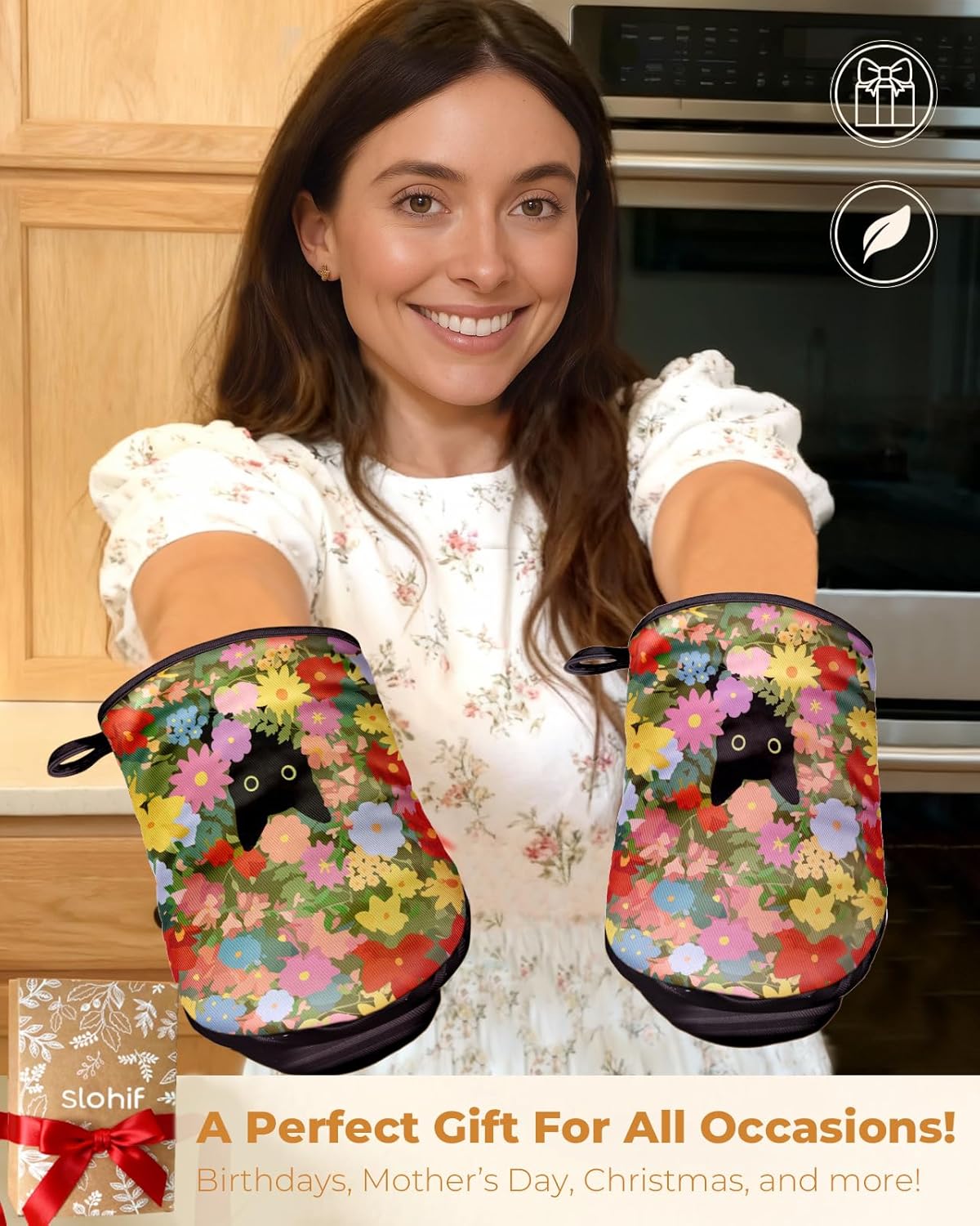 Slohif Cat Mini Oven Mitts Set – Black Extended Short Animal Heat Resistant Kitchen Gloves for Women, 100% Cotton Oven Mitts with Silicone Grips, Non-Slip and Thick Durable for Cooking & Baking