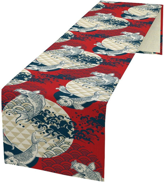 Japanese Kio Fish Table Runner, Line Art Colorful Janan Style Oriental Table Runner for Kitchen Study Living Room Home Bedroom, Red and Blue, 13x108 Inch