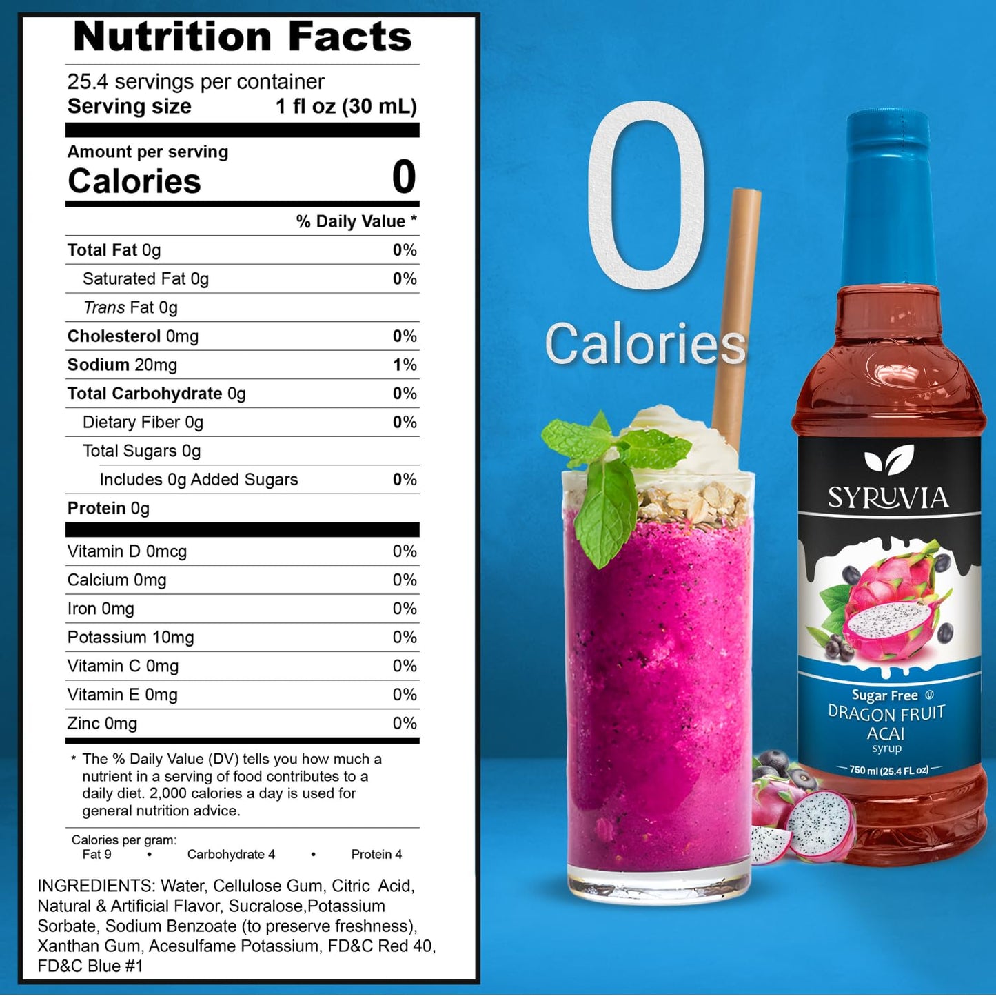 Syruvia Sugar-Free Dragon Fruit Acai Syrup, Flavored Syrup for Drinks, Cocktails, Lemonades, Iced Teas, and Desserts – 25.4 fl oz