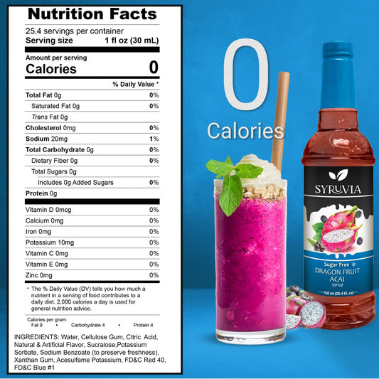 Syruvia Sugar-Free Dragon Fruit Acai Syrup, Flavored Syrup for Drinks, Cocktails, Lemonades, Iced Teas, and Desserts – 25.4 fl oz