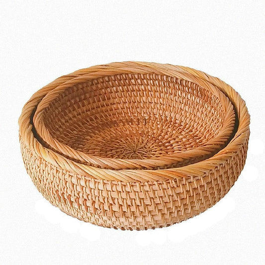 Set of 2 Round Rattan Bowl Baskets, 8 9 Inch Handmade Wicker Basket Tray with 3”Deep Wall, Decorative Woven Brown Bread Basket Fruit Bowl Table Key Holder, 2-Size