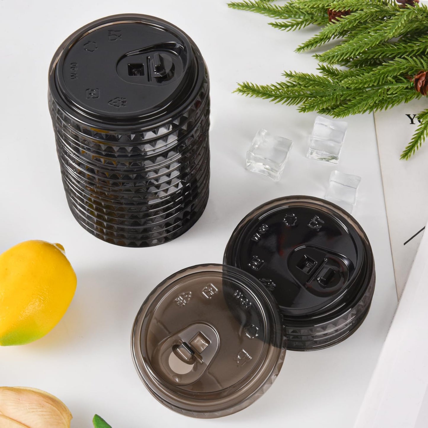 200 Count Sip Lids for Plastic Cups 90mm Strawless Clear Lids for Iced Coffee Beer Beverage Sipper Cups(Black)