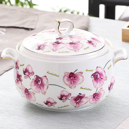 Ceramic Soup Tureen with Lid Large Capacity Round Soup Crock with Lid and Handles, Cooking Pot Stockpot for Serving Salad Pasta Noodles Stew, Microwave and Dishwasher Safe, White Porcelain,Cym