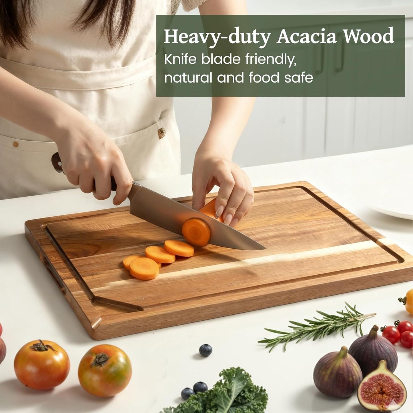 Kikcoin Acacia Wood Cutting Boards for Kitchen, Wooden Cutting Board, Chopping Board with Built-In Compartments and Juice Groove, Solid Charcuterie Board Serving Tray Wood Butcher Block, 17" x 11.8"