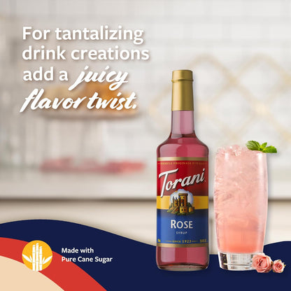 Torani Rose Syrup for Drinks, Flavoring for Tea, Lemonade, Sodas, and Cocktails, Glass Bottle with Pump Included, 25.4 Fl Oz