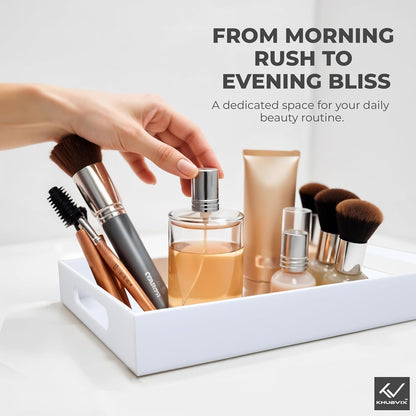 White Tray 16×12" with Cut Handles - Spill Proof Decorative Tray is an Ideal Countertop Organizer for Living Rooms, Ottoman Coffee Tables, Offices, Kitchens & Serving Guests