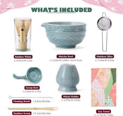 Matcha Tea Set, 8 Pcs Japanese Matcha Kit with Cherry Blossom and Wave Design Ceramic Bowl, Bamboo Whisk, Whisk Holder, Scoop, Sifter, Brush, Matcha Kit Set for Matcha Lovers (Blue)