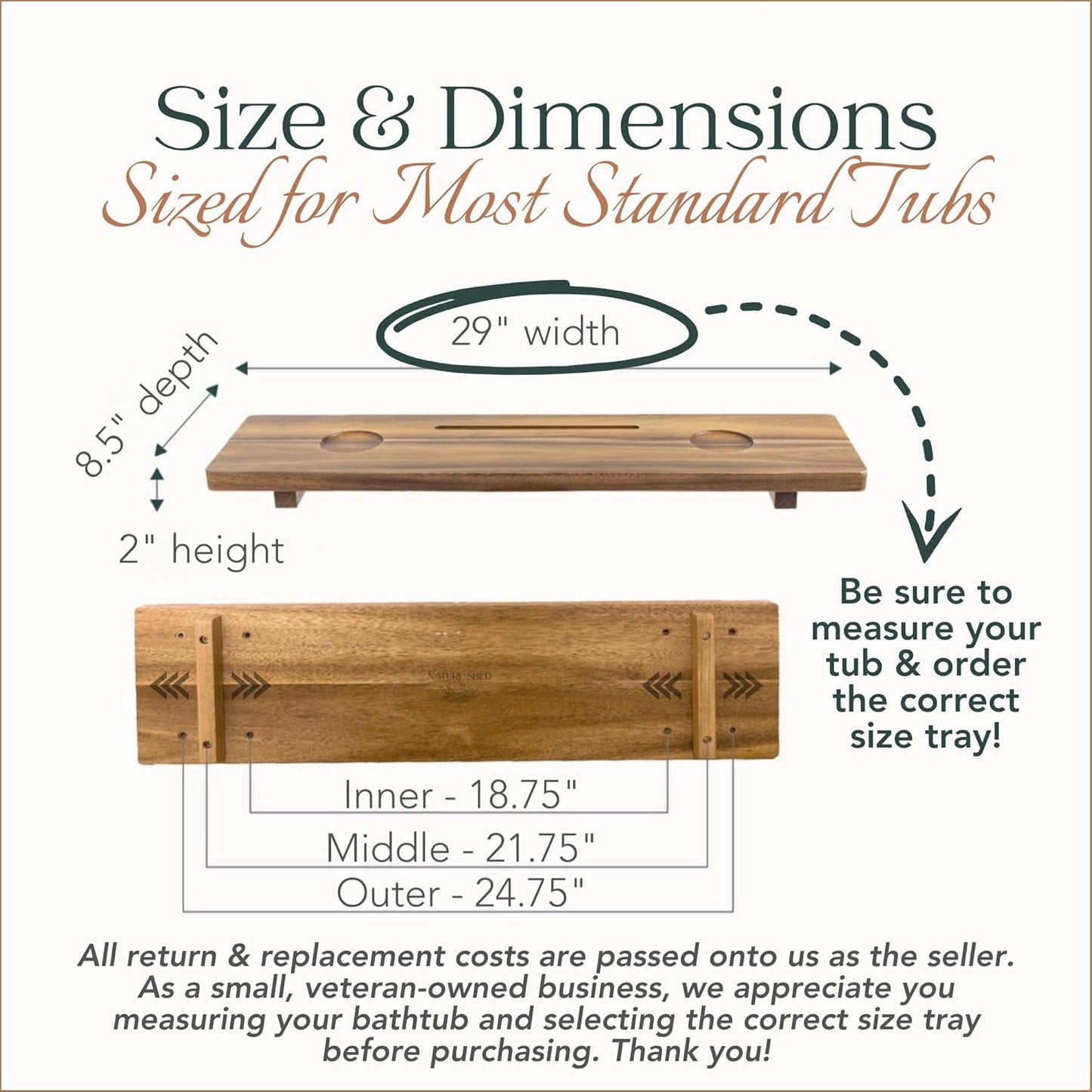 Premium Nature Shed Bathtub Tray for Standard Tubs | 29" Solid Acacia Luxury Bath Tray for Tub | Anti-Tip, Non-Toxic, Sustainable, Adjustable Bathtub Caddy | Bathroom Accessories Holders for Tub Tray