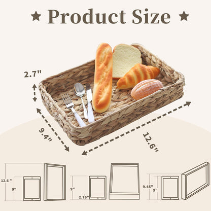 Water Hyacinth Woven Serving Tray Rectangular Hand-Woven Wicker Storage Trays for Coffee/Breakfast/Dessert/Fruit/Bread (Original Color - Small)