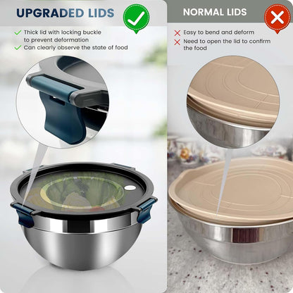 Daily Treasures Mixing Bowls with Airtight Clear Lids Set of 3,Thicker Stainless Steel Mixing Bowl Set,Nesting Bowls for Cooking, Prepping, Baking, Serving & Food Storage, Size 5, 3, 1.5QT