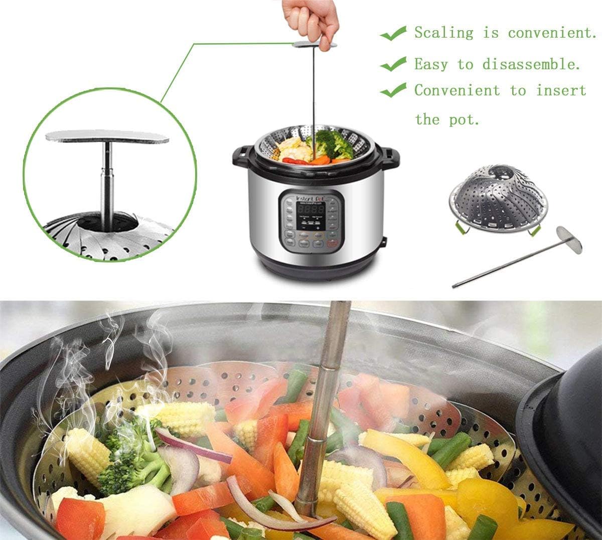Stainless Steel Veggie Steamer Basket with Folding Handle - Expandable to Fit Pots 6.4" to 10"