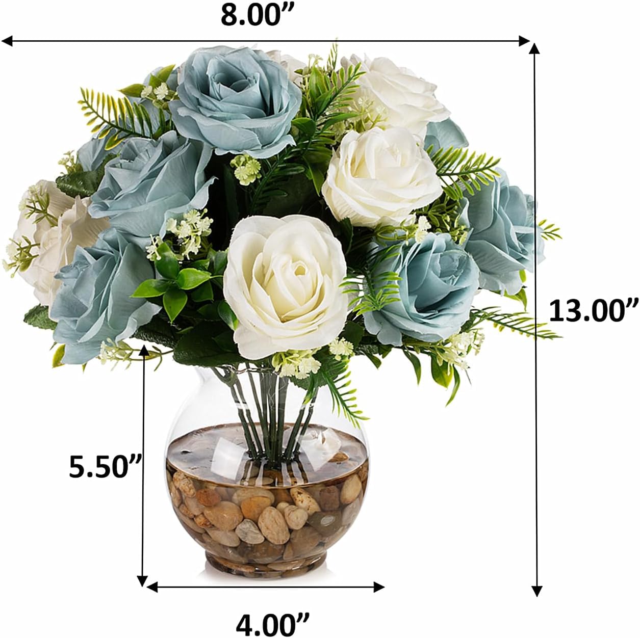 ENOVA FLORAL 18 Heads Silk Rose Artificial Flowers in Vase,Faux Rose Flowers Arrangement in Round Bowl Vase with Faux Water and River Rock for Table Decor Centerpieces (Blue Cream)