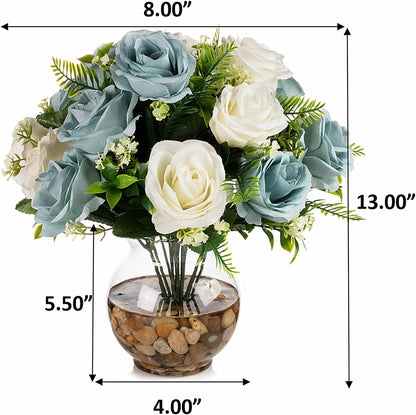 ENOVA FLORAL 18 Heads Silk Rose Artificial Flowers in Vase,Faux Rose Flowers Arrangement in Round Bowl Vase with Faux Water and River Rock for Table Decor Centerpieces (Blue Cream)