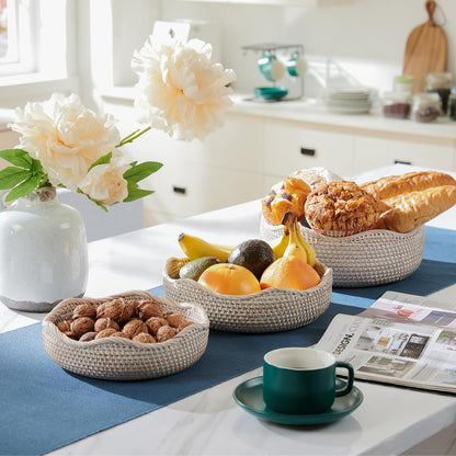 YANGQIHOME Rattan Round Fruit Baskets, Wicker Storage Bowls, Natural Woven Serving Basket Bowls, Decorative Baskets for Kitchen Counter Organizing, Whitewash, Set of 3