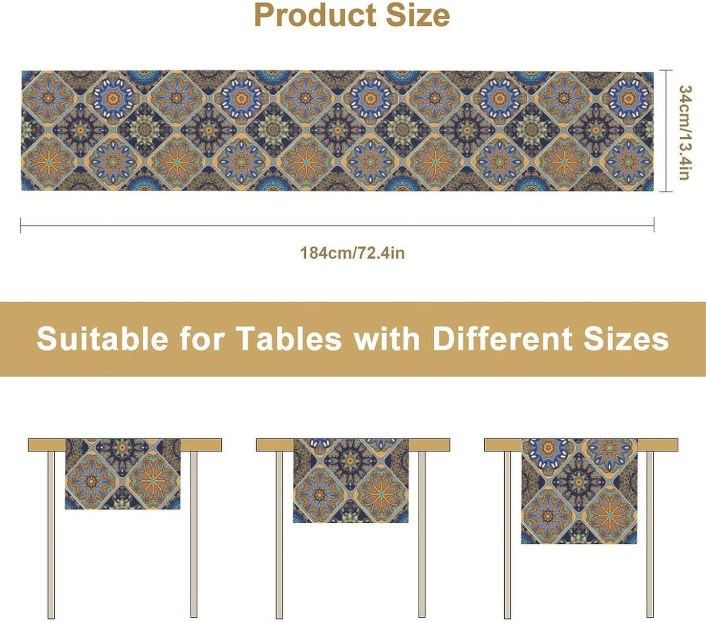 Boho Bohemian Table Runner, Vintage Farmhouse Blue Yellow Pattern Table Runners for Coffee Table Dining Room Kitchen Party Home Holiday 13x90 Inch