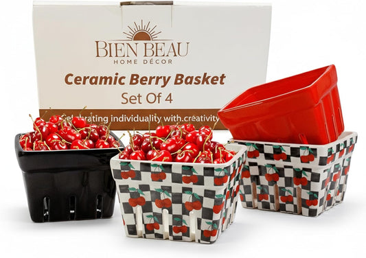 BIEN BEAU Ceramic Berry Basket -Checkered black and White with red Cherries pattern-Colander -Modern Kitchen Decor Fruit Bowls - Checkerboard Fruit Baskets, Farmer's Market Harvest Bowls Set of 4