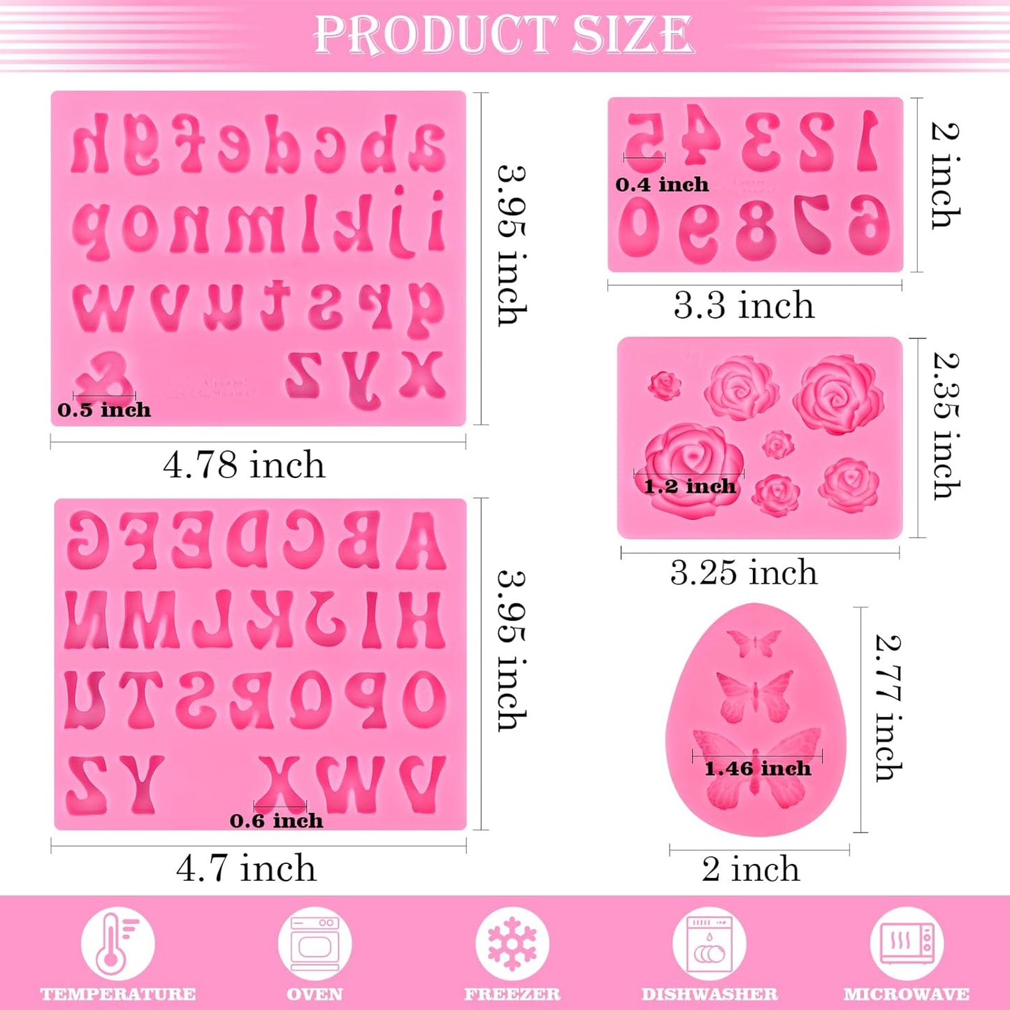 Actvty Letter Silicone Molds for Chocolate, 5 Pcs Uppercase Lowercase Alphabet Chocolate Molds and Number Flower Butterfly Fondant Molds for Making Strawberries, Candy, Cake Decorations