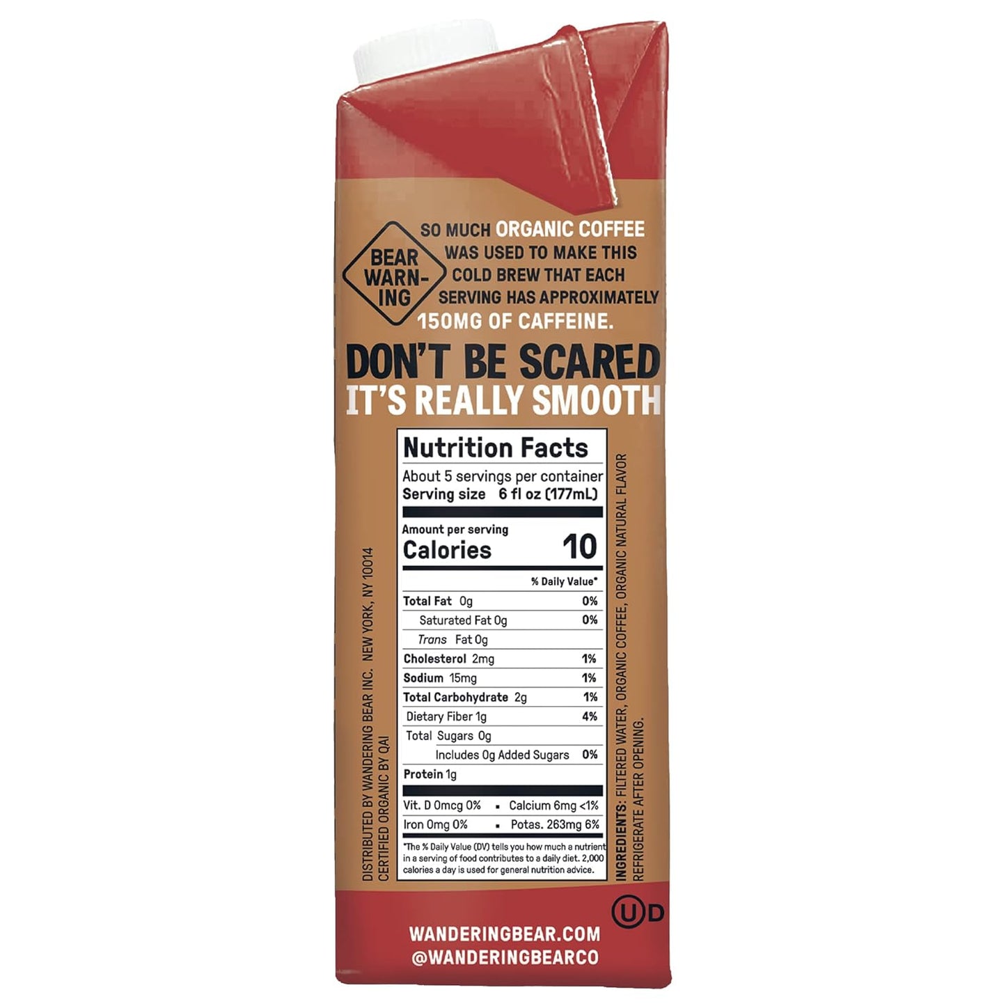 Wandering Bear Organic Mocha Cold Brew Coffee - Strong, Bold, Smooth, Unsweetened, Shelf-Stable, Ready to Drink, Gluten Free, & Vegan Iced Cold Brewed Coffee Drink - 32 fl oz, 6 pack